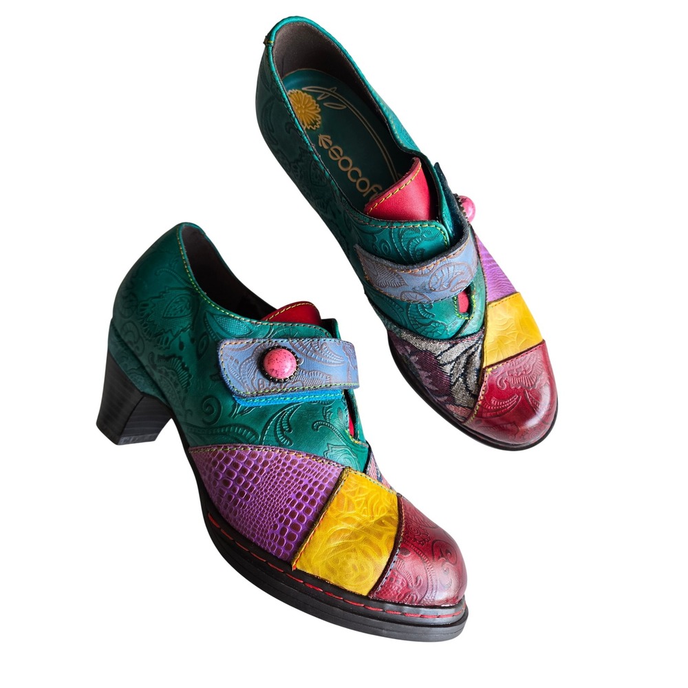 Socofy Multi Patchwork Leather Mary Jane Heels 7.5–8 Boho Artsy Whimsical Retro